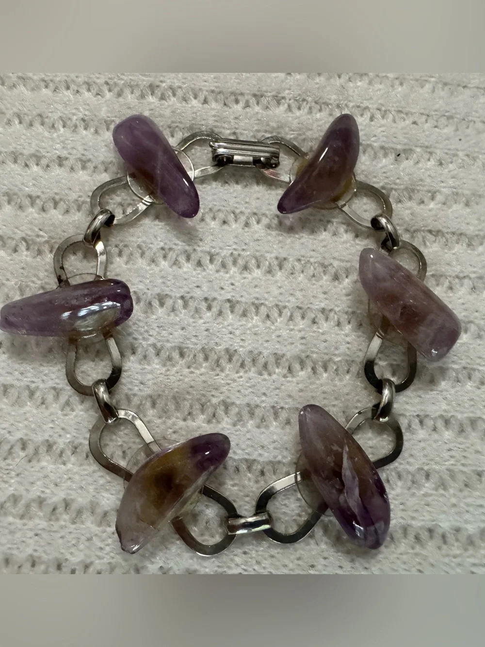 Vintage Brazilian Raw Amethyst Point Link Bracelet - 7.5 In Boho Gemstone